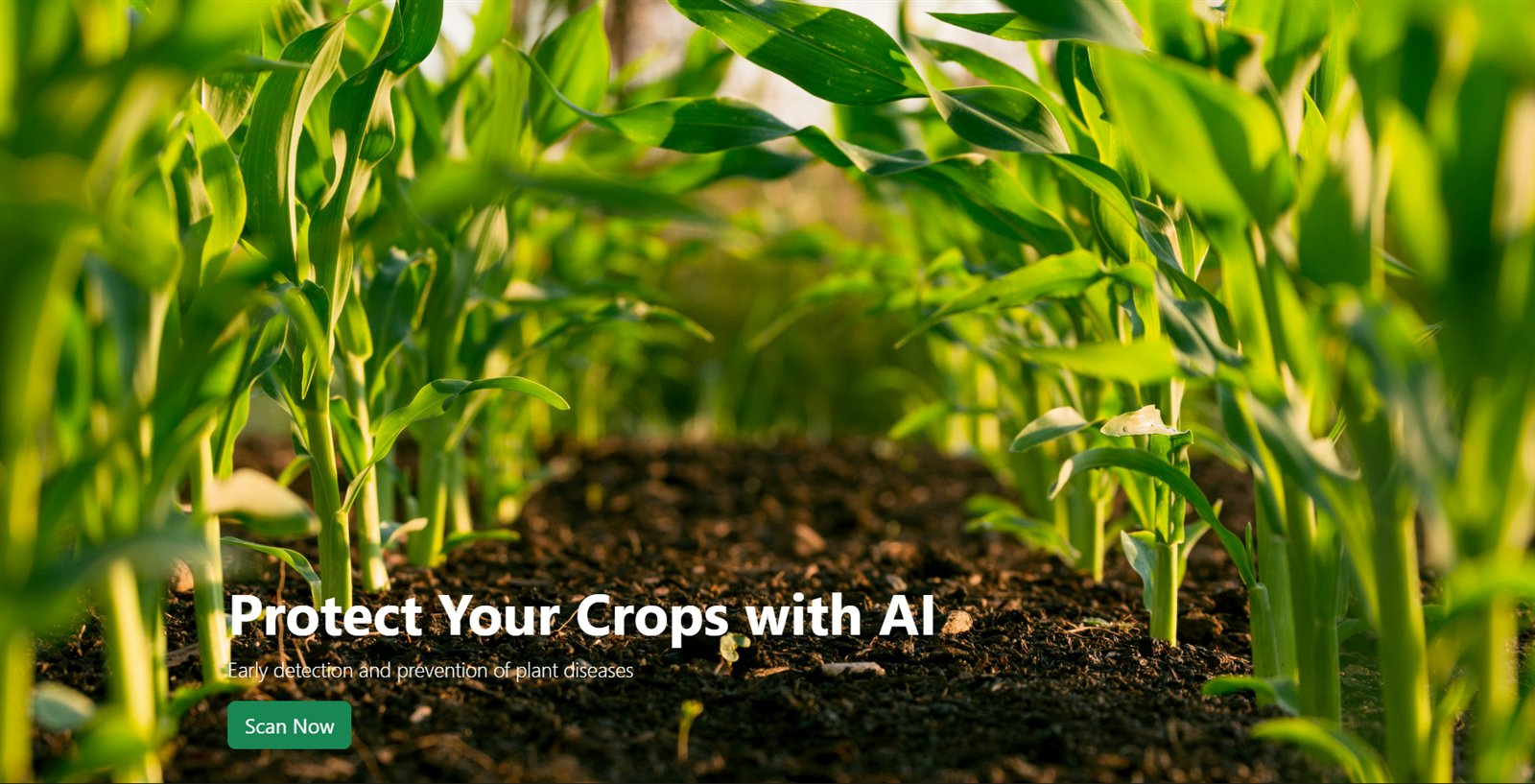 Detection page hero reading Protect Your Crops with AI with a Scan Now button.