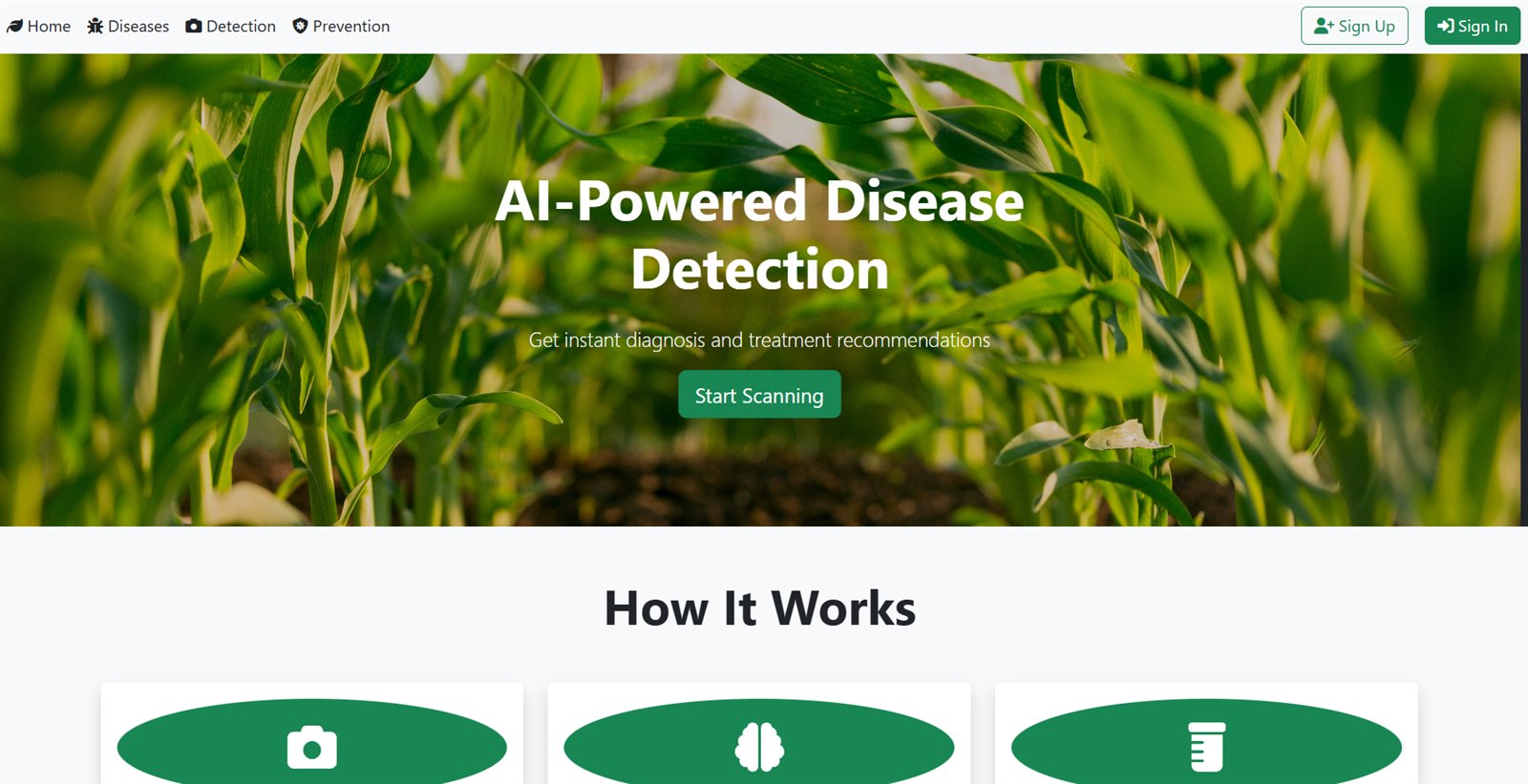 Crop disease detection home page with navigation and a three-step How It Works section describing upload, analysis and results.