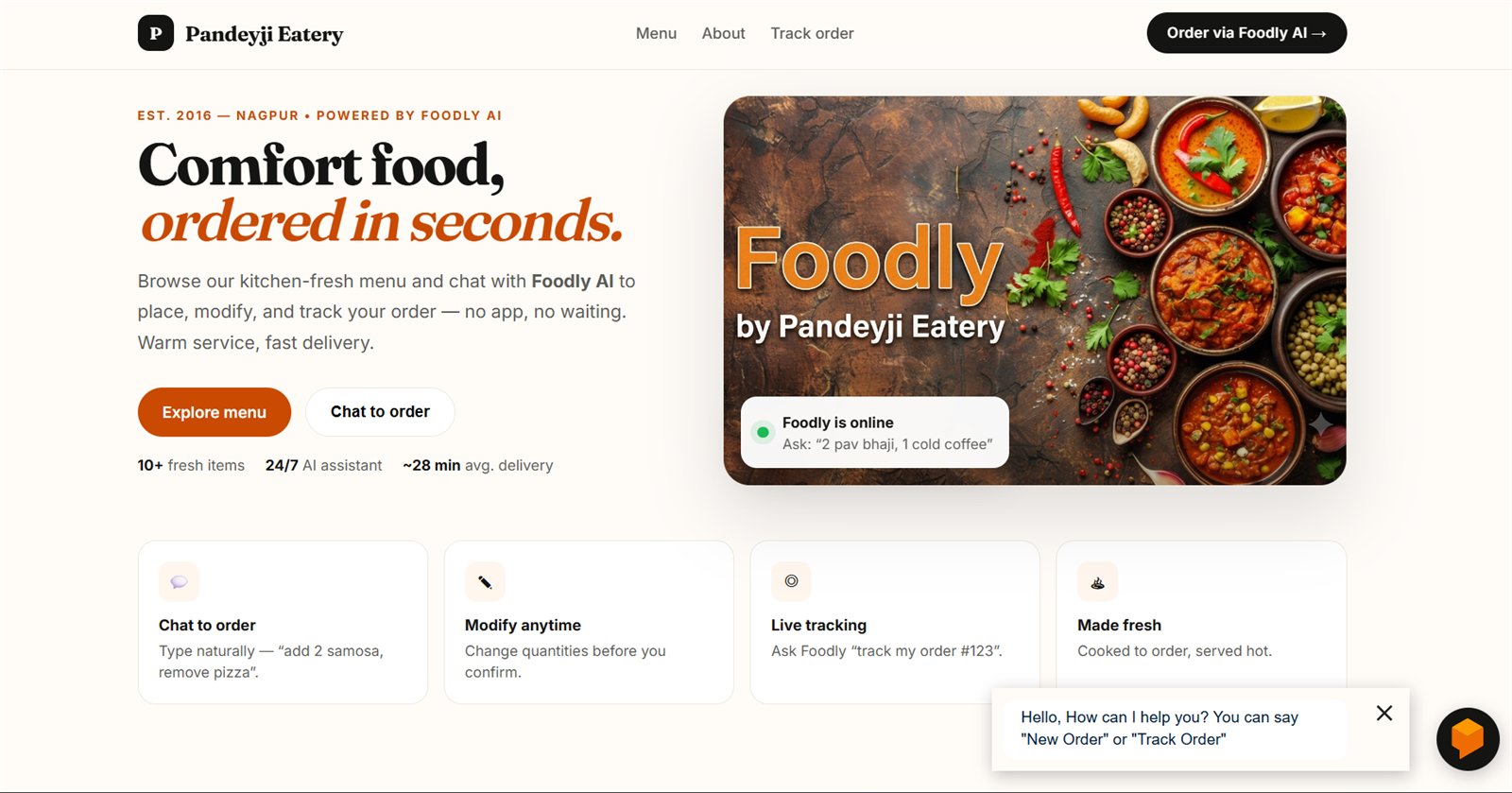 Foodly landing page: Pandeyji Eatery menu section with a chat widget labelled Pandeyji in the bottom-right corner.